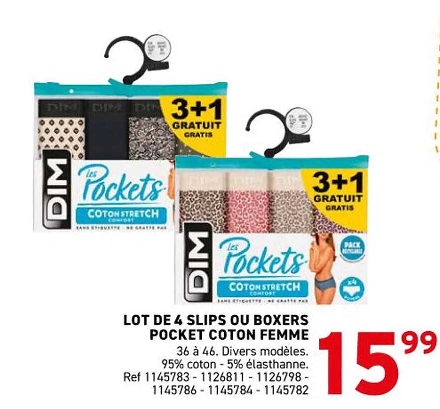 LOT DE 4 SLIPS OU BOXERS POCKET COTON FEMME