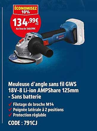 Meuleuse d’angle sans fil GWS 18V-8 Li-ion AMPSHare 125mm - Sans batterie