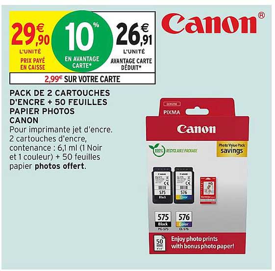 PACK DE 2 CARTOUCHES D'ENCRE + 50 FEUILLES PAPIER PHOTOS CANON