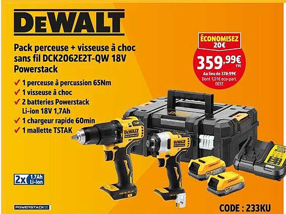 Pack perceuse + visseuse à choc sans fil DCK2062E2T-QW 18V Powerstack