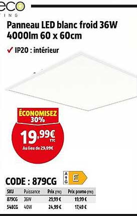 Panneau LED blanc froid 36W 4000lm 60 x 60cm