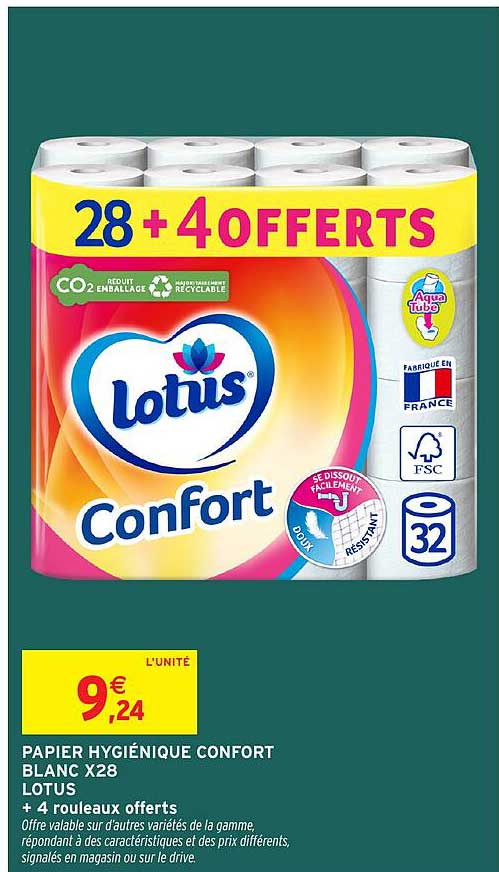 PAPIER HYGIÉNIQUE CONFORT BLANC X28 LOTUS + 4 ROULEAUX OFFERTS