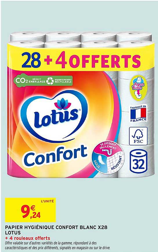 PAPIER HYGIÉNIQUE CONFORT BLANC X28 LOTUS + 4 ROULEAUX OFFERTS