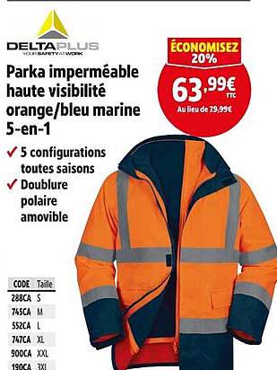 Parka imperméable haute visibilité orange/bleu marine 5-en-1
