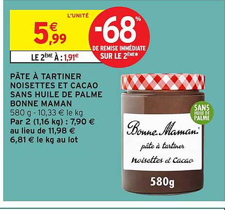 PÂTE À TARTINER NOISETTES ET CACAO SANS HUILE DE PALME BONNE MAMAN