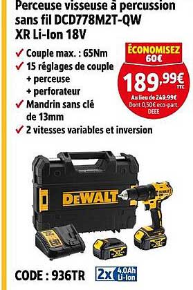 Perceuse visseuse à percussion sans fil DCD778M2T-QW XR Li-Ion 18V
