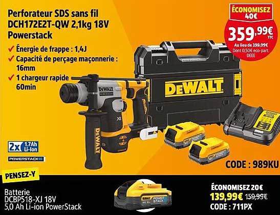 Perforateur SDS sans fil DCH172E2T-QW 2,1kg 18V Powerstack