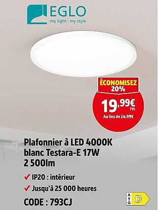 Plafonnier à LED 4000K blanc Testara-E 17W 2 500lm