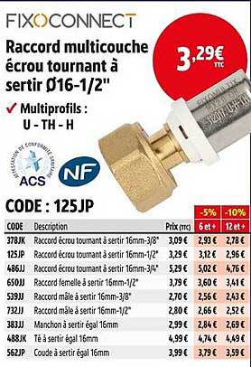 Raccord multicouche écrou tournant à sertir Ø16-1/2"
