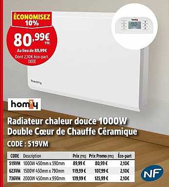 Radiateur chaleur douce 1000W Double Cœur de Chauffe Céramique