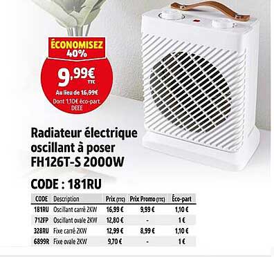 Radiateur électrique oscillant à poser FH126T-S 2000W
