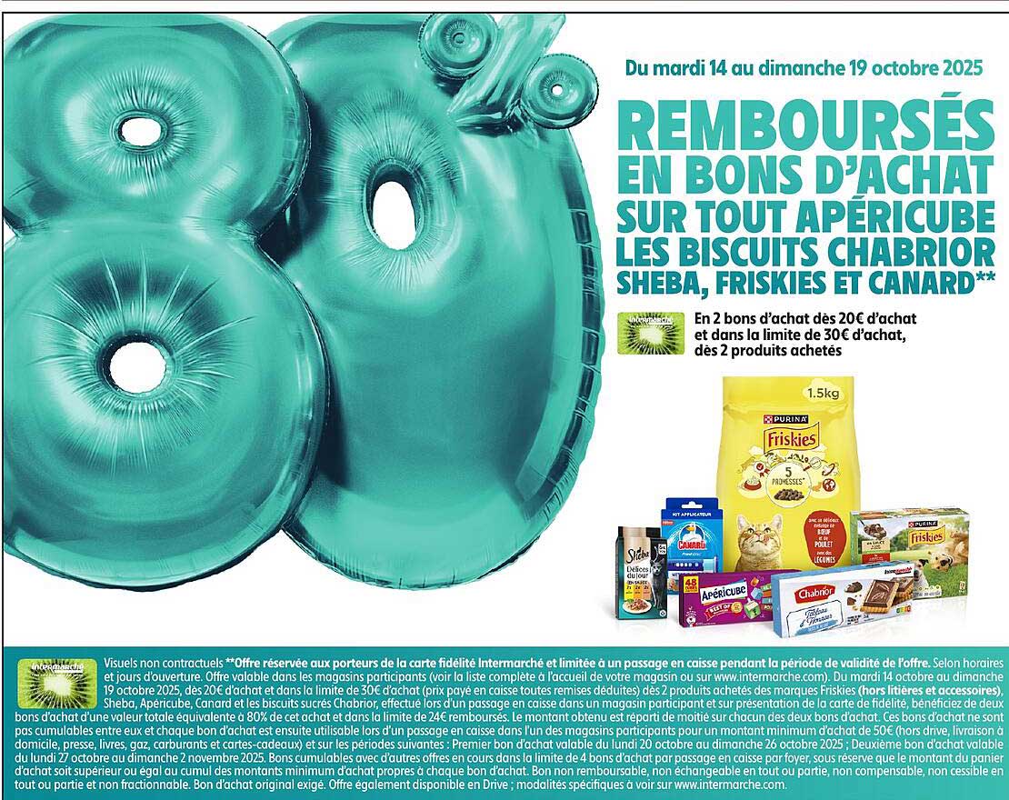 Remboursés en bons d’achat sur tout apéritif les biscuits Chabrior Sheba, Friskies et Canard