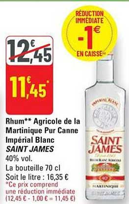 Rhum** Agricole de la Martinique Pur Canne Impérial Blanc SAINT JAMES 40% vol.