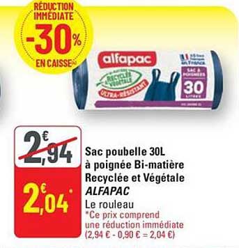 Sac poubelle 30L à poignée Bi-matière Recyclée et Végétale ALFAPAC