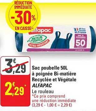 Sac poubelle 50L à poignée Bi-matière Recyclée et Végétale ALFAPAC