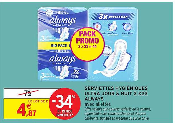 SERVIETTES HYGIÉNIQUES ULTRA JOUR & NUIT 2 X22 ALWAYS