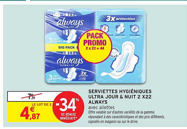 SERVIETTES HYGIÉNIQUES ULTRA JOUR & NUIT 2 X22 ALWAYS