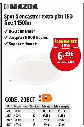 Spot à encastrer extra plat LED fixe 1150lm