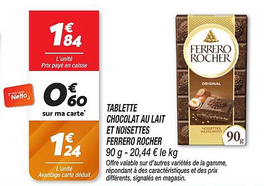 TABLETTE CHOCOLAT AU LAIT ET NOISETTES FERRERO ROCHER