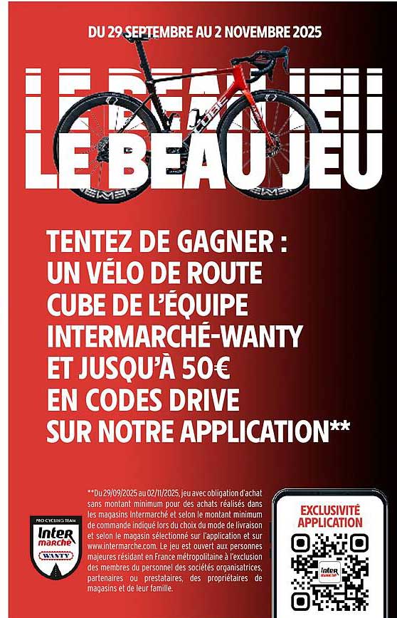 TENTEZ DE GAGNER : UN VÉLO DE ROUTE CUBE DE L’ÉQUIPE INTERMARCHÉ-WANTY ET JUSQU’À 50€ EN CODES DRIVE SUR NOTRE APPLICATION