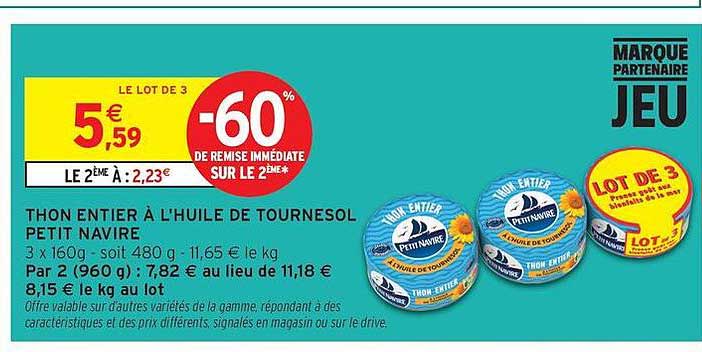 THON ENTIER À L'HUILE DE TOURNESOL PETIT NAVIRE