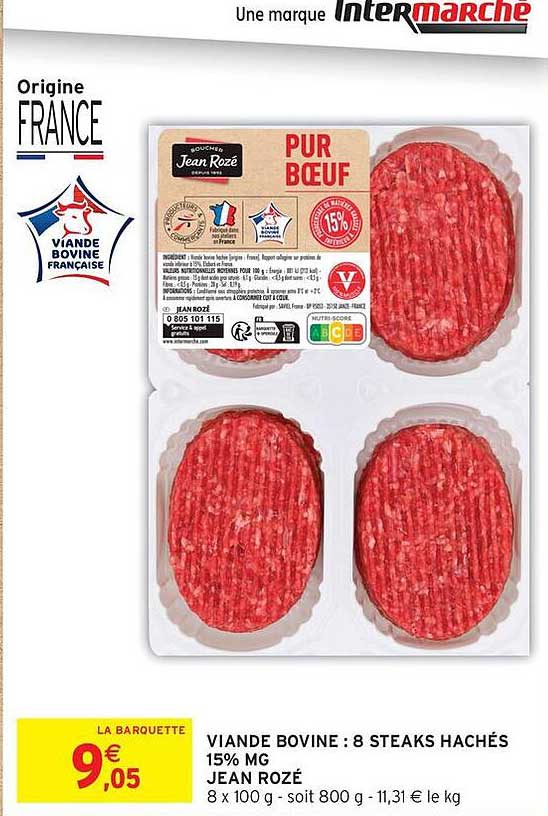 VIANDE BOVINE : 8 STEAKS HACHÉS 15% MG