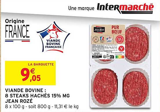 VIANDE BOVINE : 8 STEAKS HACHÉS 15% MG JEAN ROZÉ