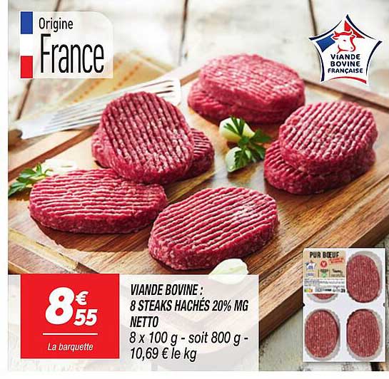 VIANDE BOVINE : 8 STEAKS HACHÉS 20% MG NETTO