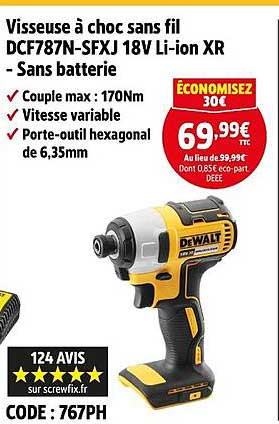 Visseuse à choc sans fil DCF787N-SFXJ 18V Li-ion XR - Sans batterie