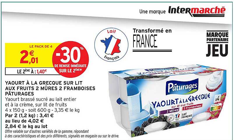 Yaourt à la Grecque sur lit aux fruits 2 mûres 2 framboises Pâturages