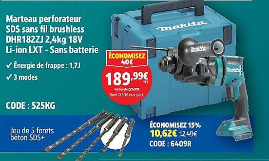Marteau perforateur SDS sans fil brushless DHR182ZJ 2,4kg 18V Li-ion LXT - Sans batterie
