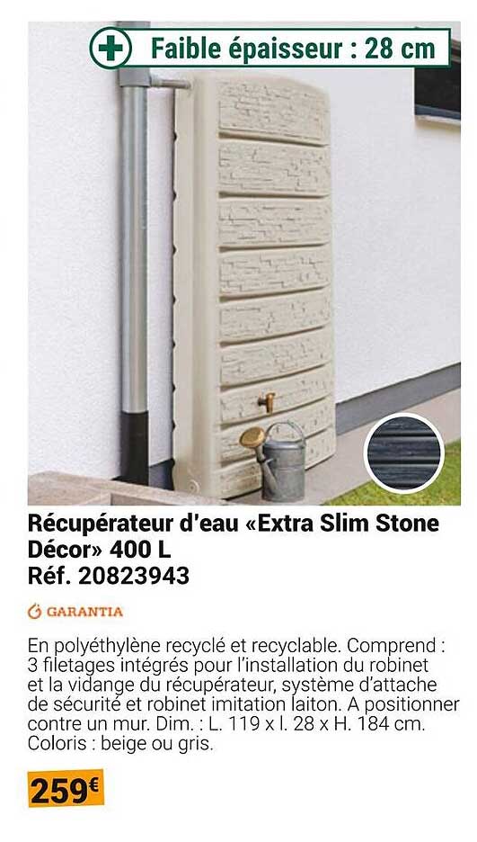 Récupérateur d'eau «Extra Slim Stone Décor» 400 L