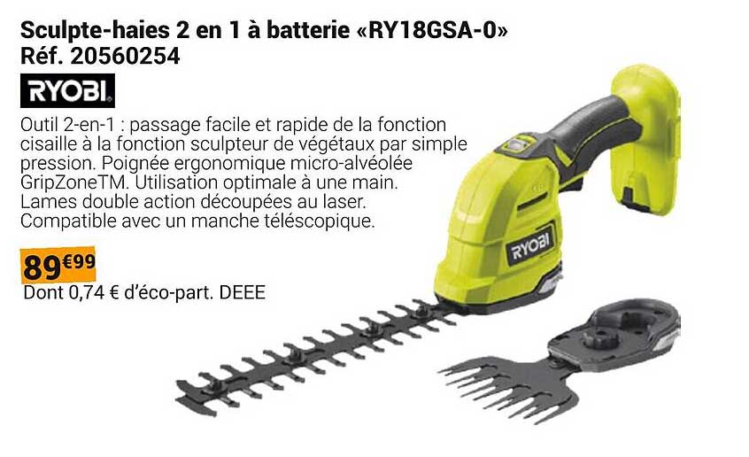 Sculpte-haies 2 en 1 à batterie «RY18GSA-0»