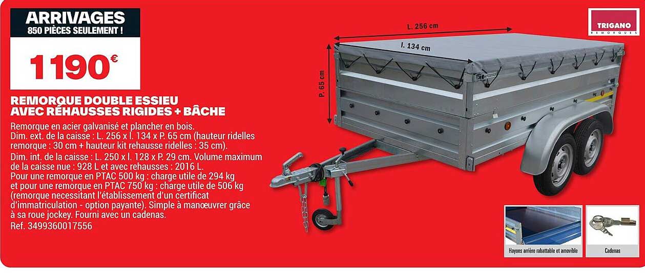 REMORQUE DOUBLE ESSIEU AVEC RÉHAUSSES RIGIDES + BÂCHE