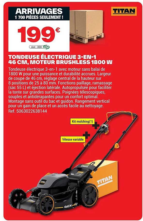 Tondeuse Électrique 3-EN-1 46 CM, MOTEUR BRUSHLESS 1800 W