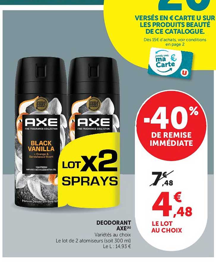 DEODORANT AXE® Variétés au choix Le lot de 2 atomiseurs (soit 300 ml)