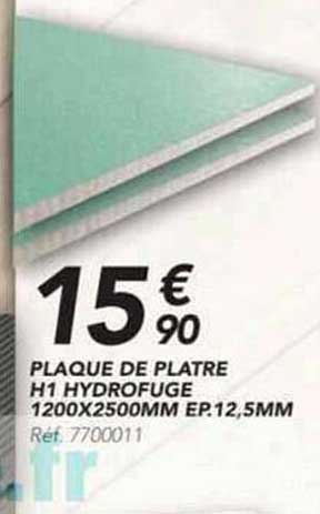PLAQUE DE PLATRE H1 HYDROFUGE 1200X2500MM EP:12,5MM