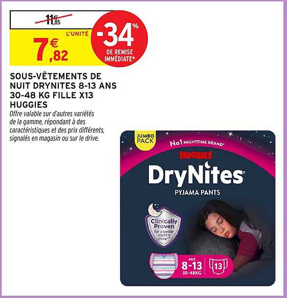 SOUS-VÊTEMENTS DE NUIT DRYNITES 8-13 ANS 30-48 KG FILLE X13 HUGGIES