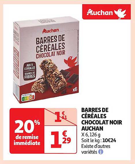 BARRES DE CÉRÉALES CHOCOLAT NOIR AUCHAN