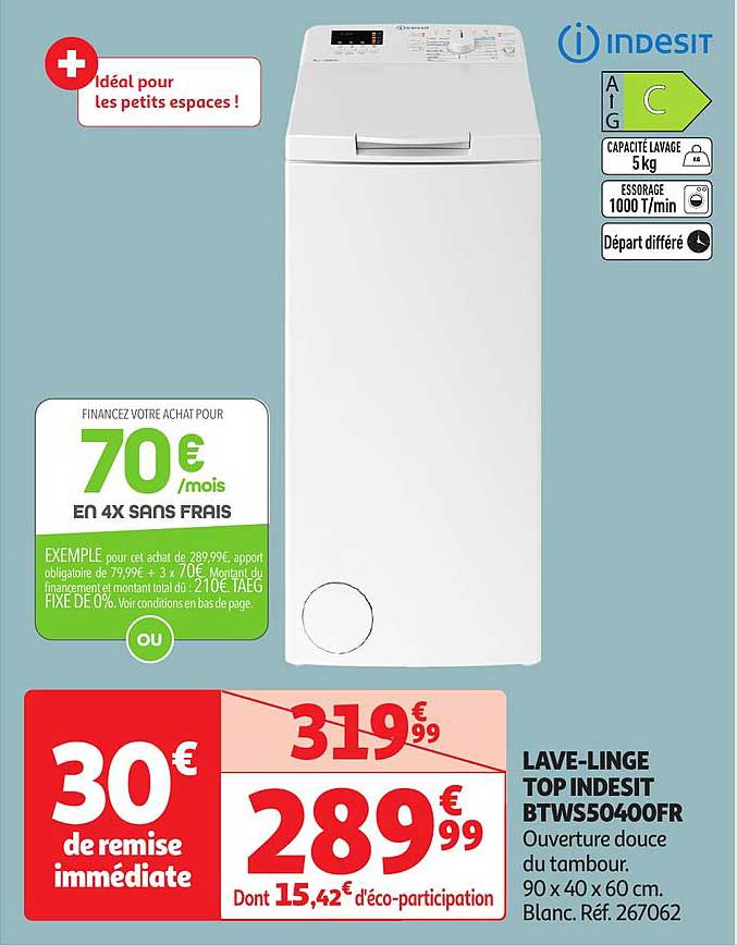 LAVE-LINGE TOP INDESIT BTWS50400FR
