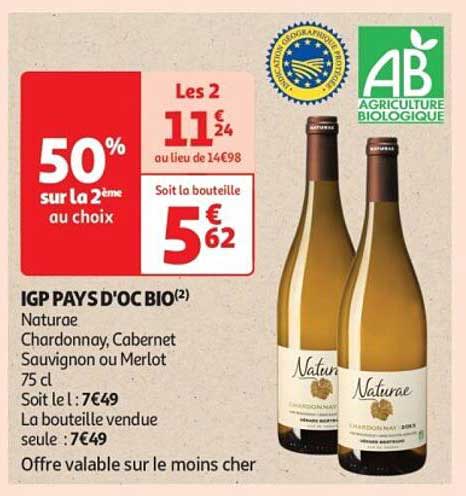 Les 2 bouteilles de IGP PAYS D'OC BIO à 11€24