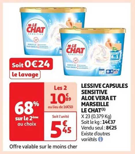 LESSIVE CAPSULES SENSITIVE ALOE VERA ET MARSEILLE LE CHAT
