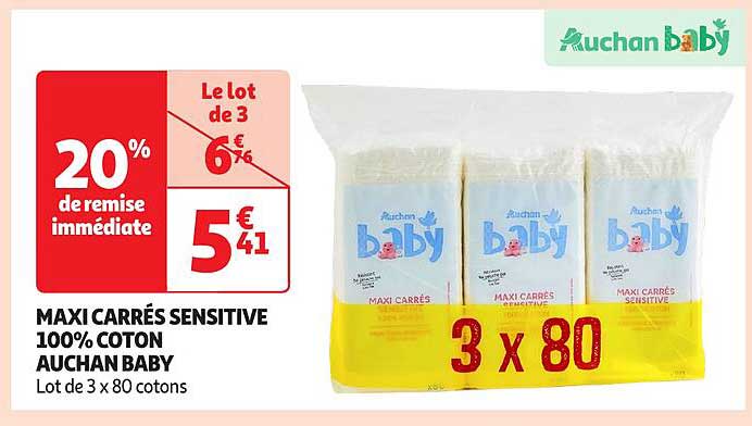 MAXI CARRÉS SENSITIVE 100% COTON AUCHAN BABY