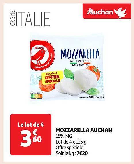 MOZZARELLA AUCHAN 18% MG Lot de 4 x 125 g