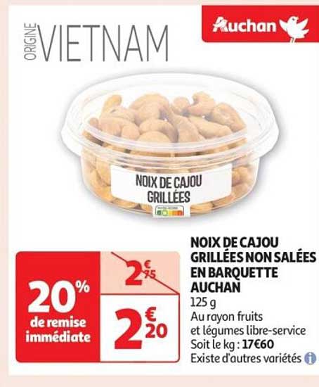 Noix de Cajou Grillées Non Salées en Barquette Auchan