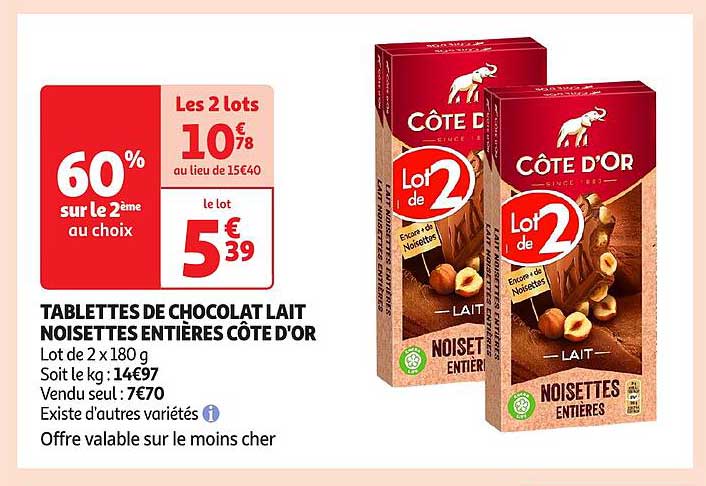 TABLETTES DE CHOCOLAT LAIT NOISETTES ENTIÈRES CÔTE D'OR