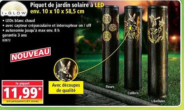 Piquet de jardin solaire à LED env. 10 x 10 x 58,5 cm