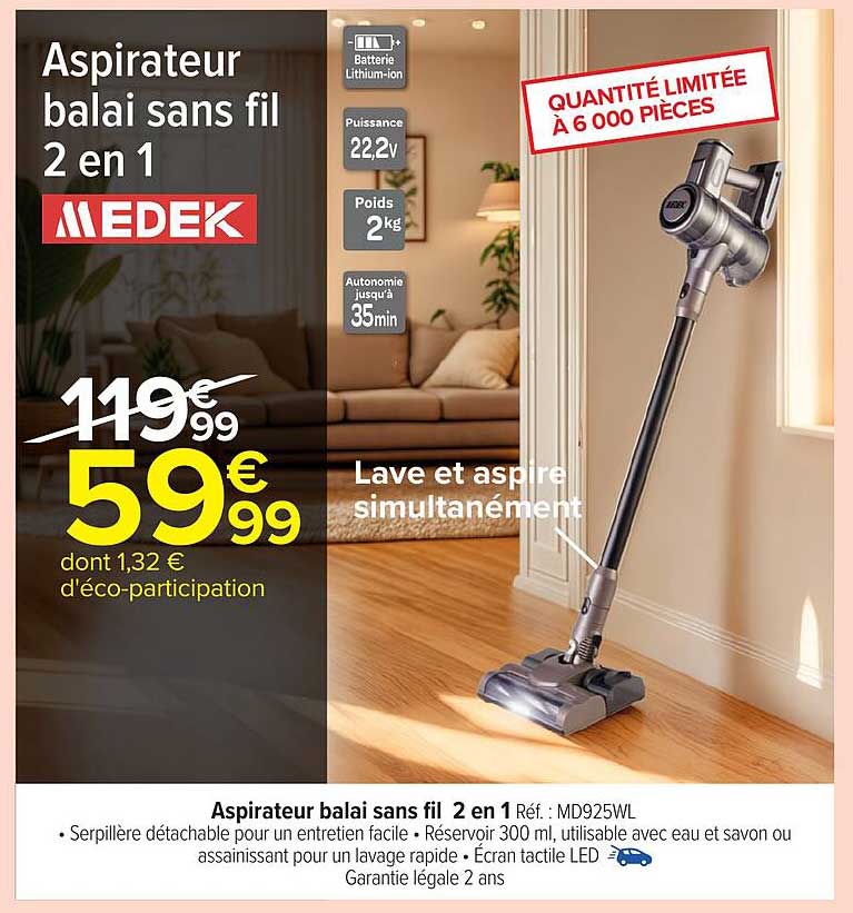 Aspirateur balai sans fil 2 en 1