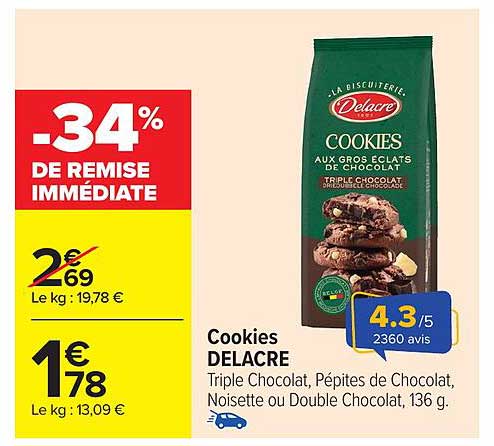Cookies DELACRE Triple Chocolat, Pépites de Chocolat, Noisette ou Double Chocolat, 136 g