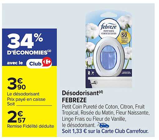 Désodorisant FEBREZE - Petit Coin Pureté de Coton, Citron, Fruit Tropical, Rosée du Matin, Fleur Naissante, Linge Frais ou Fleur de Vanille